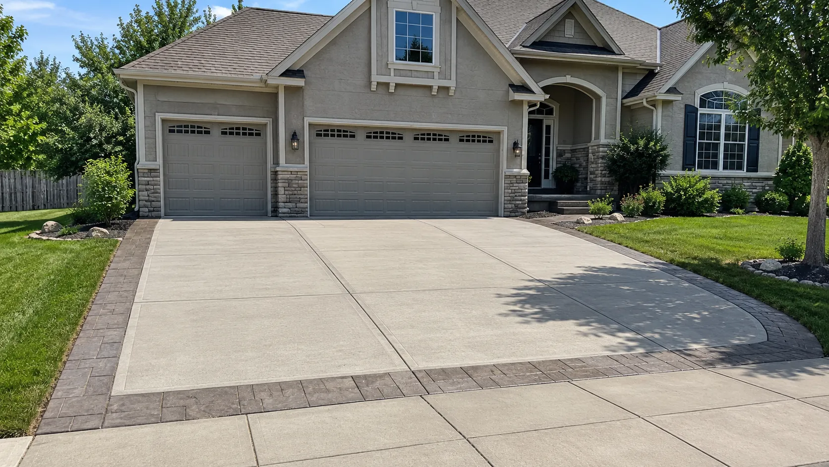 Concrete driveway with decorative stamped border and smooth center