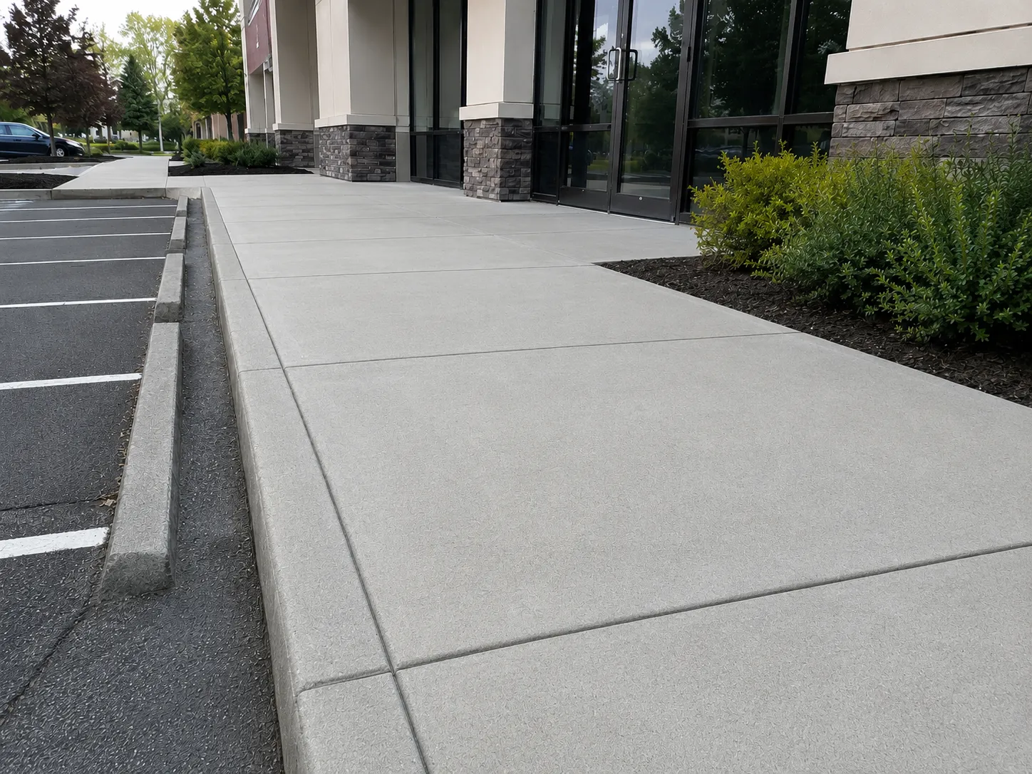 Newly replaced commercial concrete walkway near a building entrance.