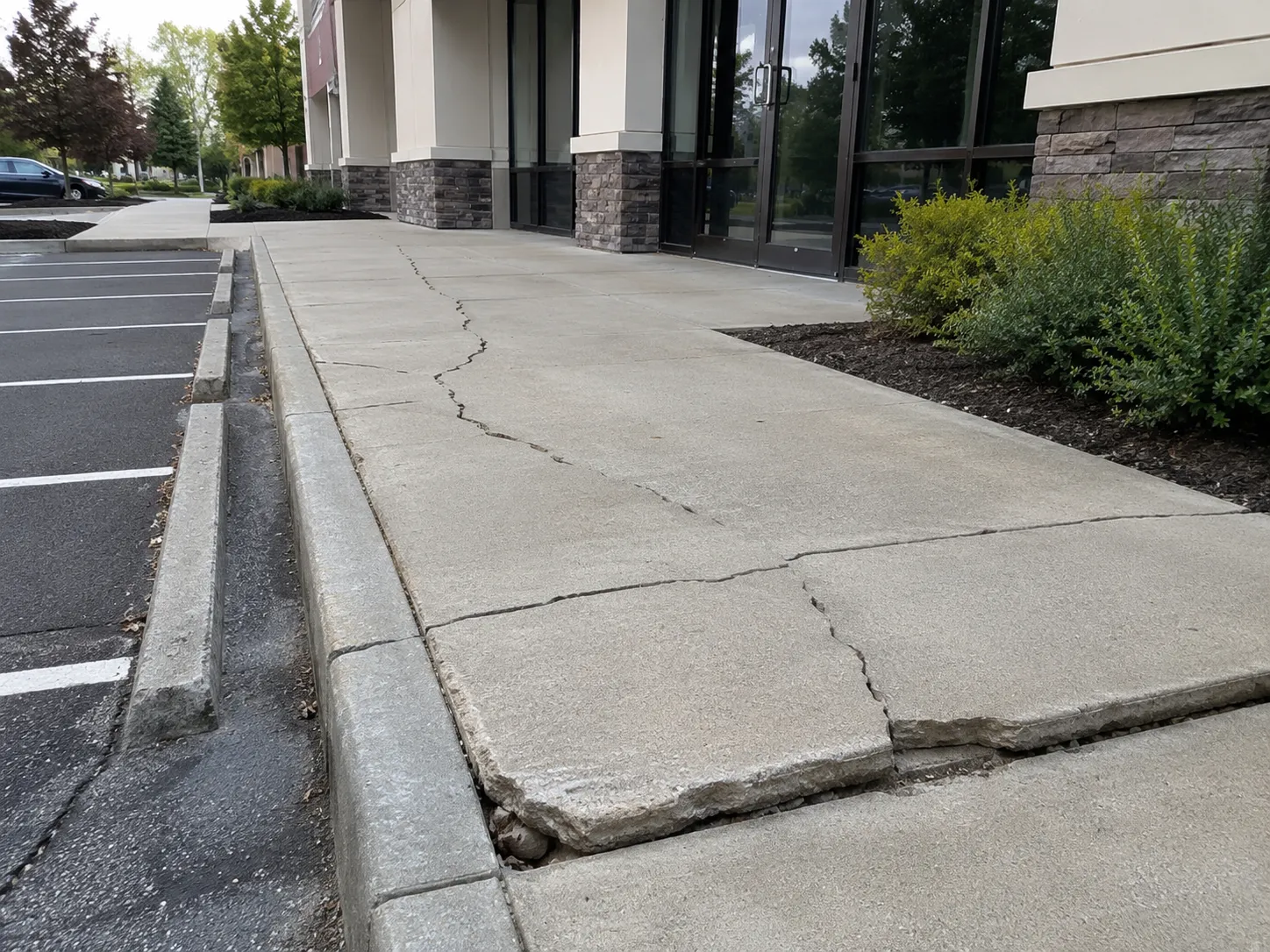 Cracked and displaced commercial concrete walkway near a building entrance.