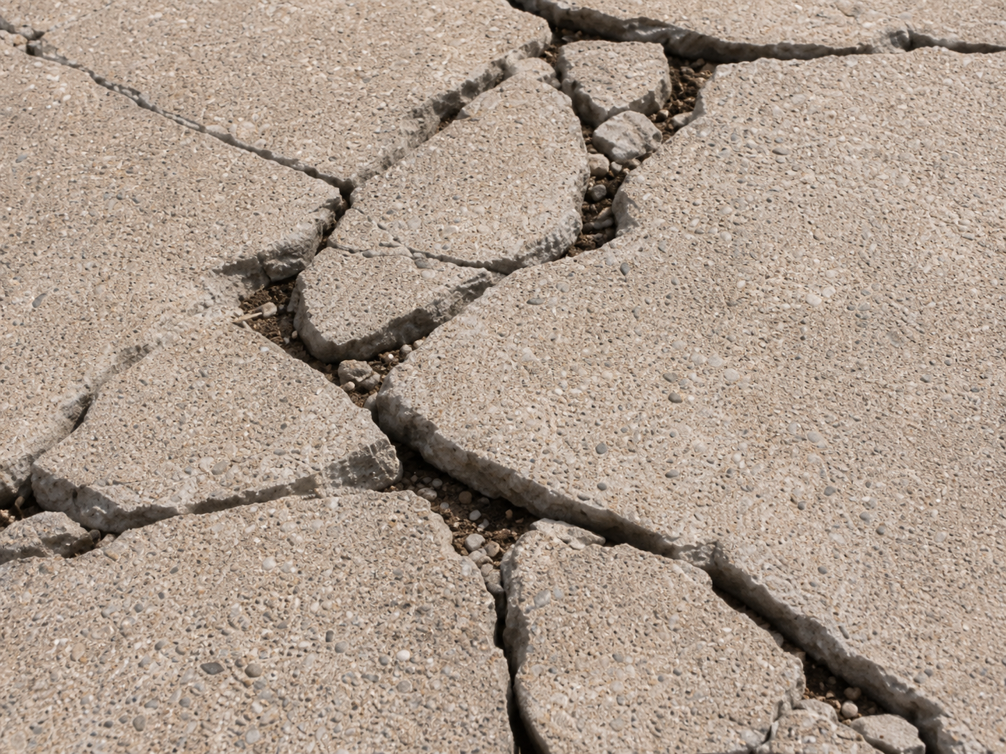 Broken concrete slab with cracking and displaced pieces