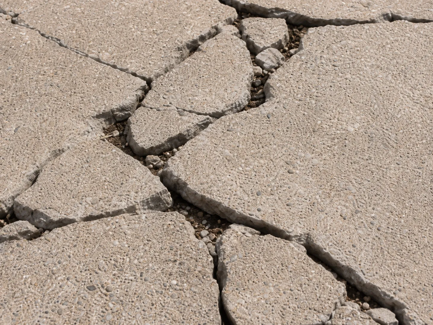 Broken concrete slab with cracking and displaced pieces
