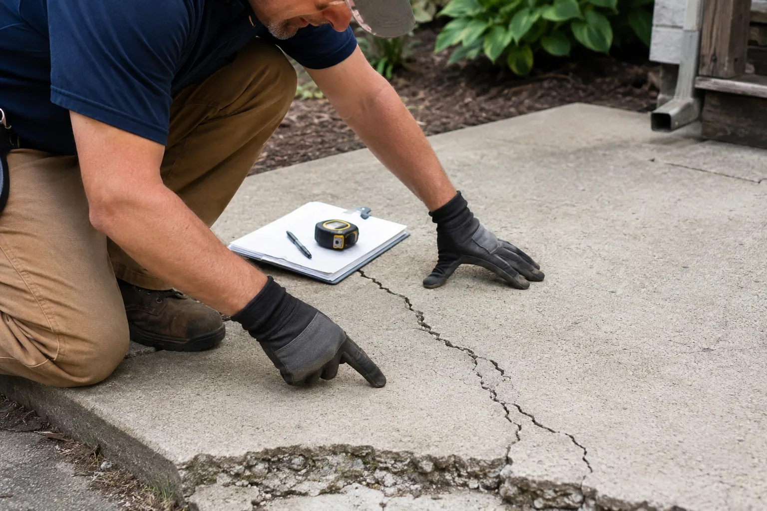 Worker measuring a crack in a concrete slab