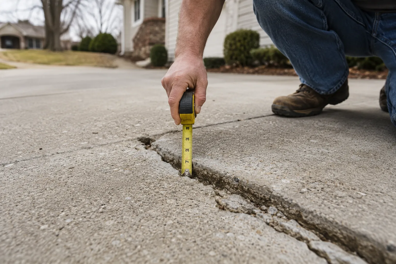 Damaged concrete slab being measured with a tape measure