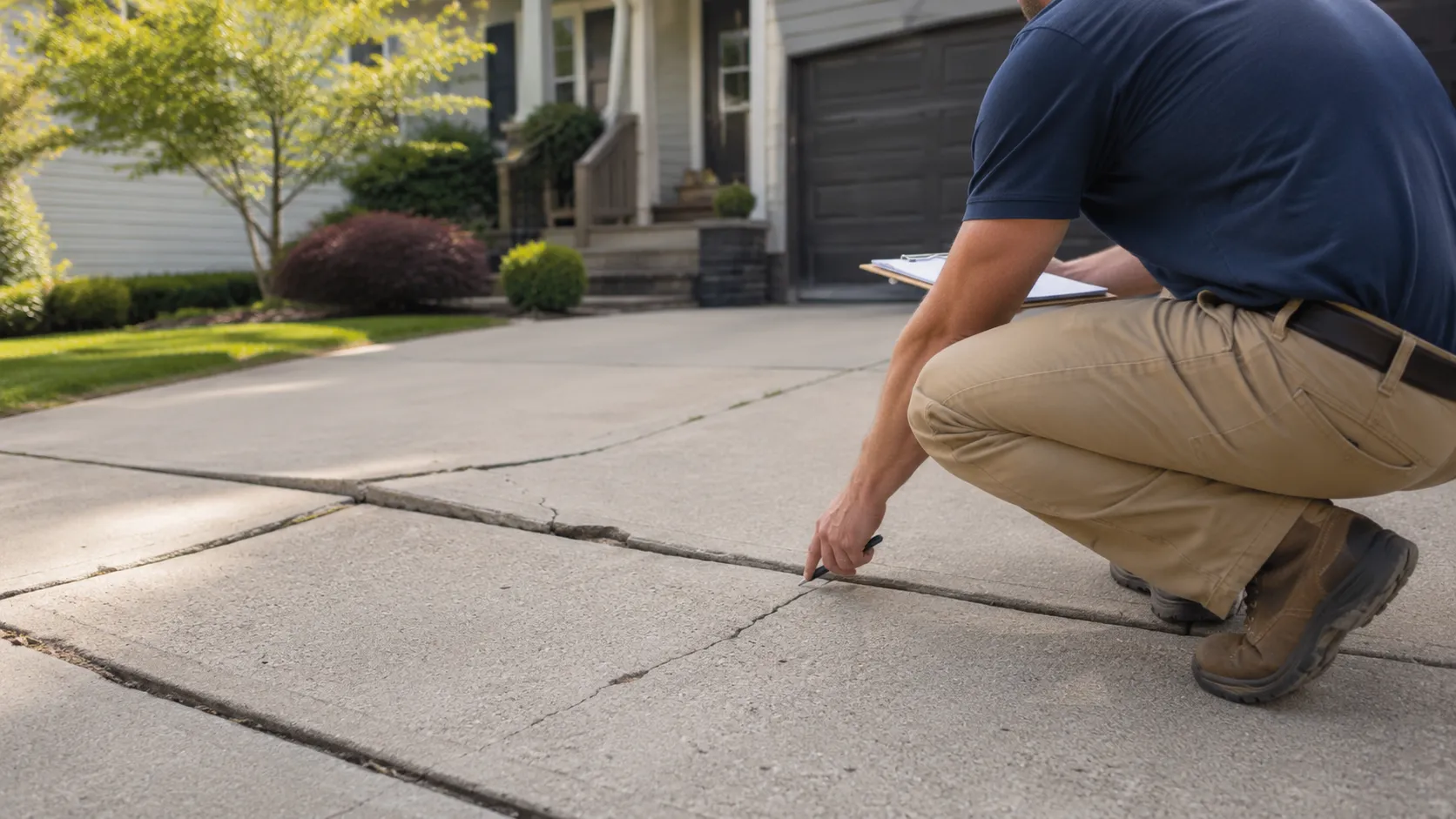 Contractor evaluating cracked and settled concrete panels for repair or replacement.