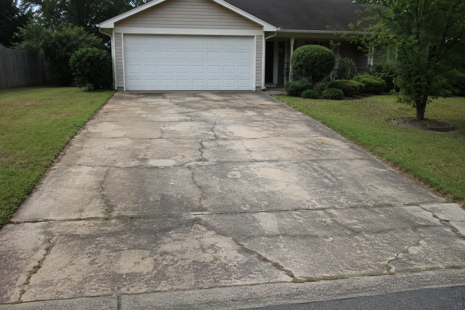 Cracked concrete driveway leading to a garage