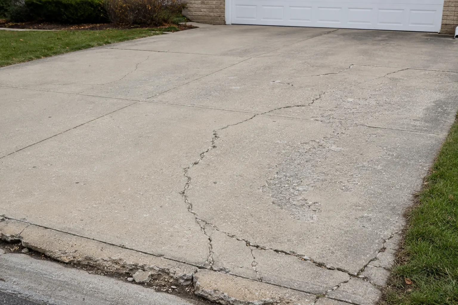 Damaged concrete driveway edge near a garage