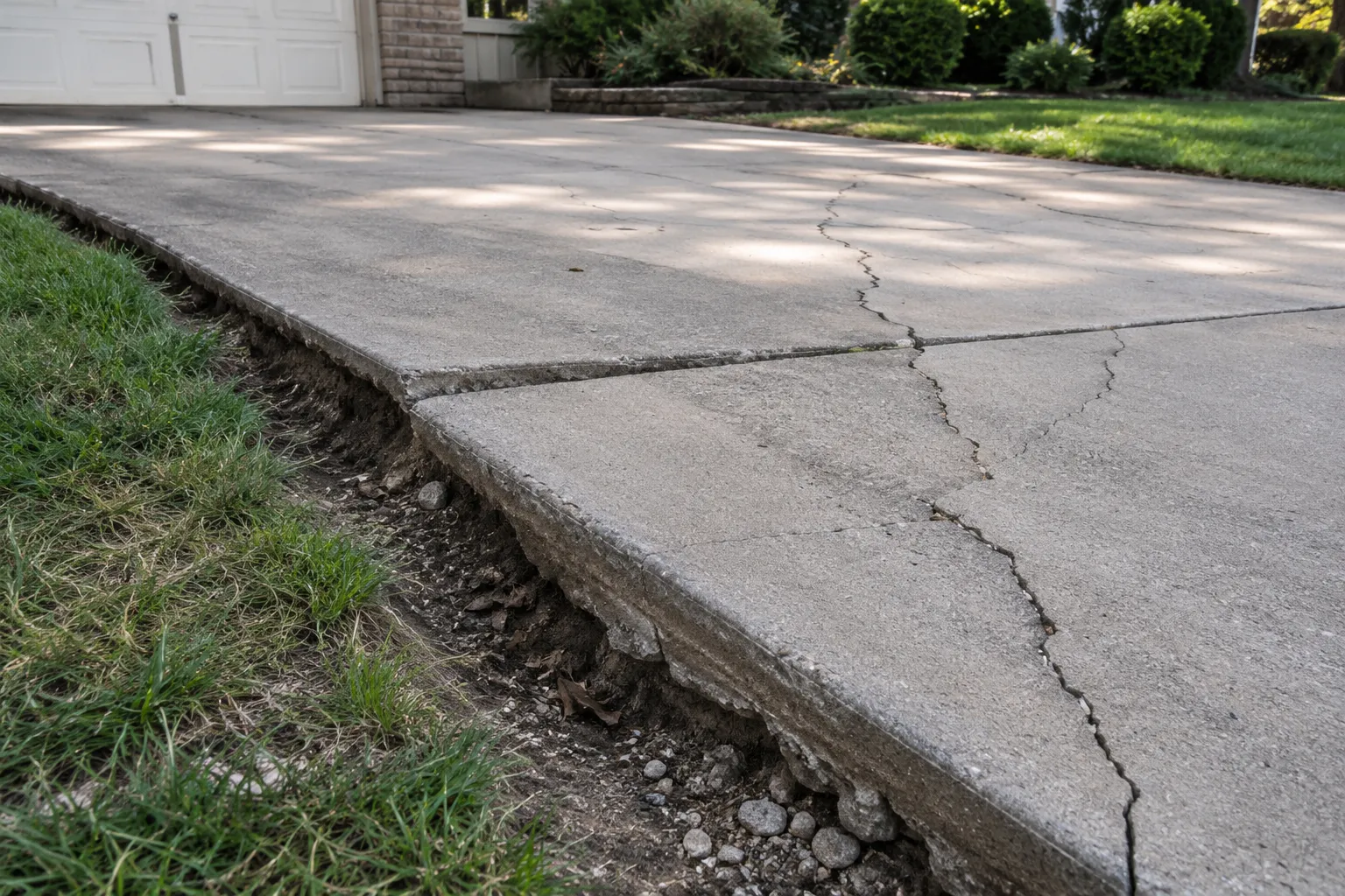 Eroded soil beside a cracked driveway edge