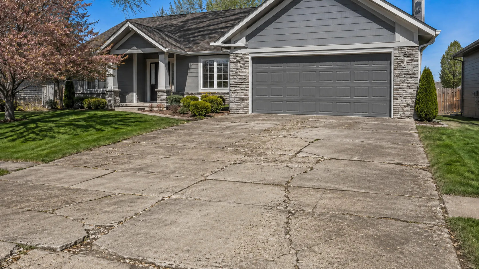 Damaged concrete driveway with large cracks and uneven slabs