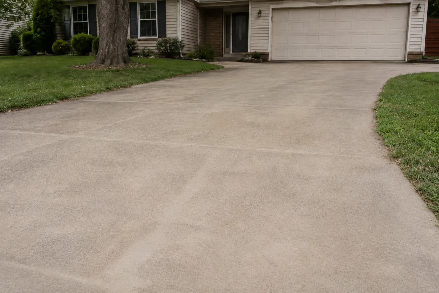 Repaired concrete driveway in front of a residential garage