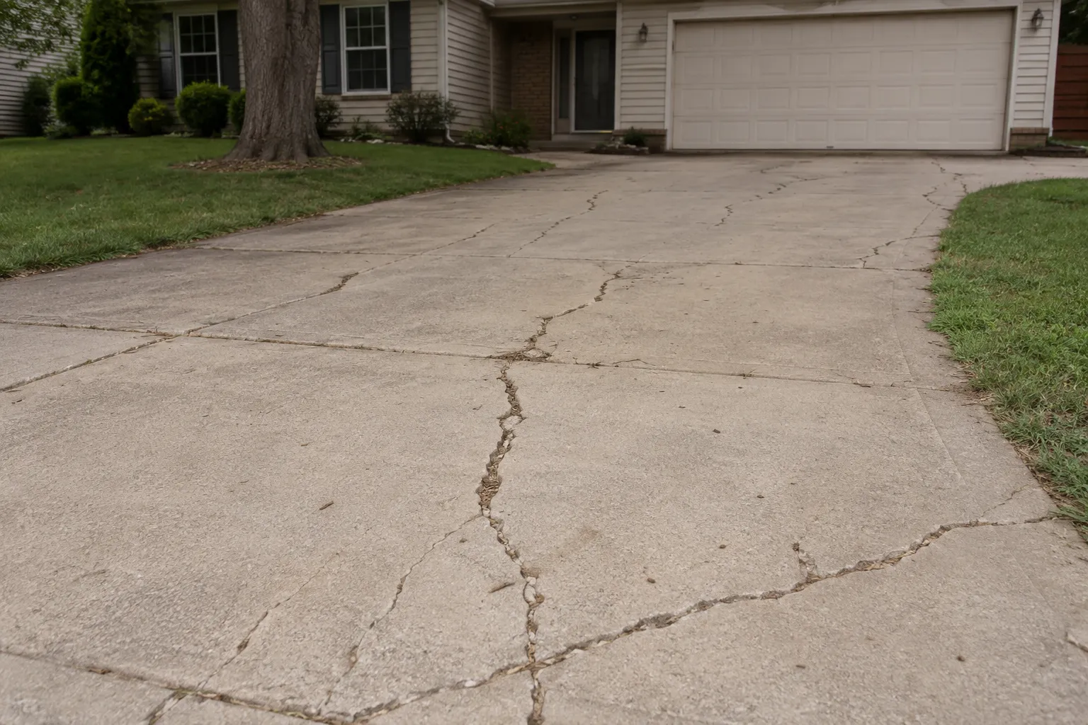 Cracked concrete driveway in front of a residential garage