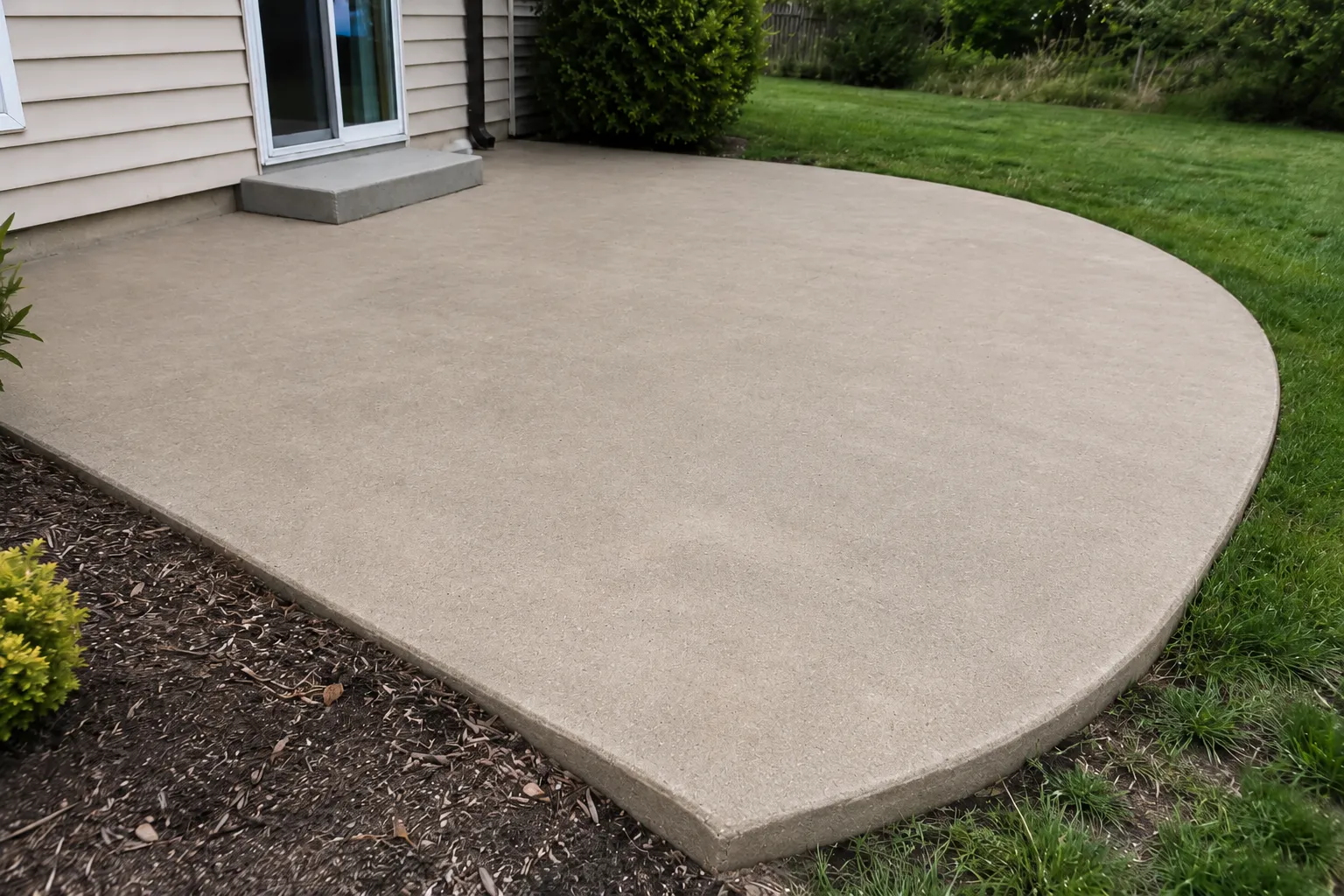 Newly replaced concrete patio beside a residential home