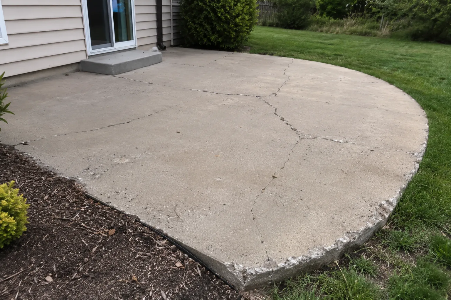 Cracked concrete patio beside a residential home