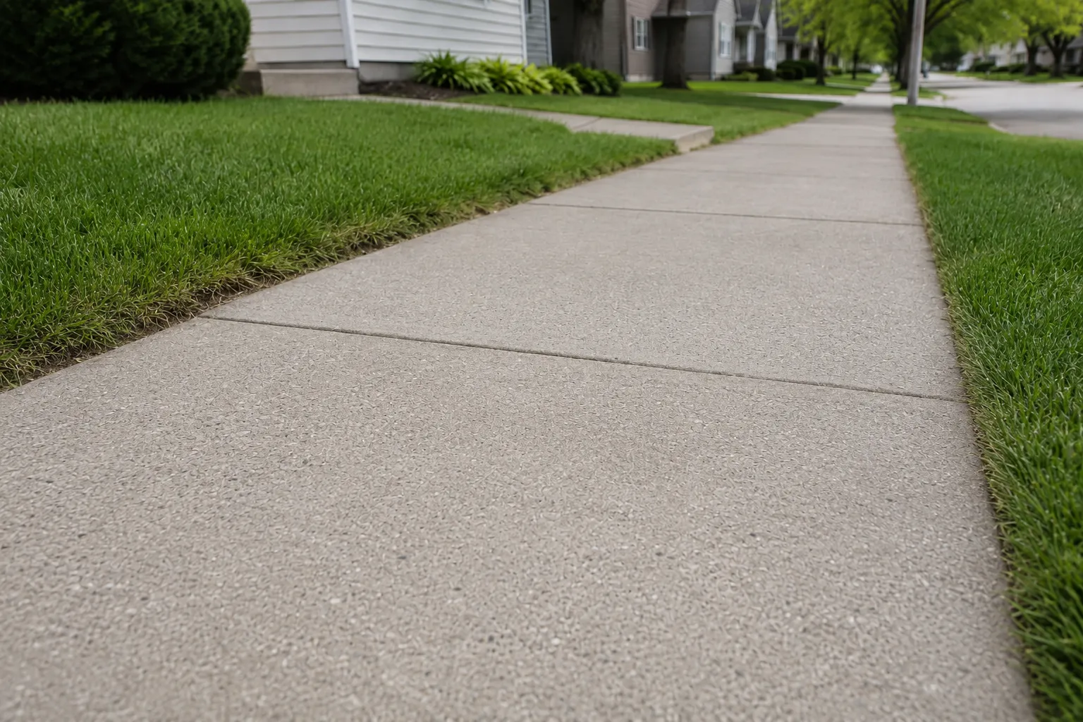 Newly replaced concrete sidewalk beside a residential yard