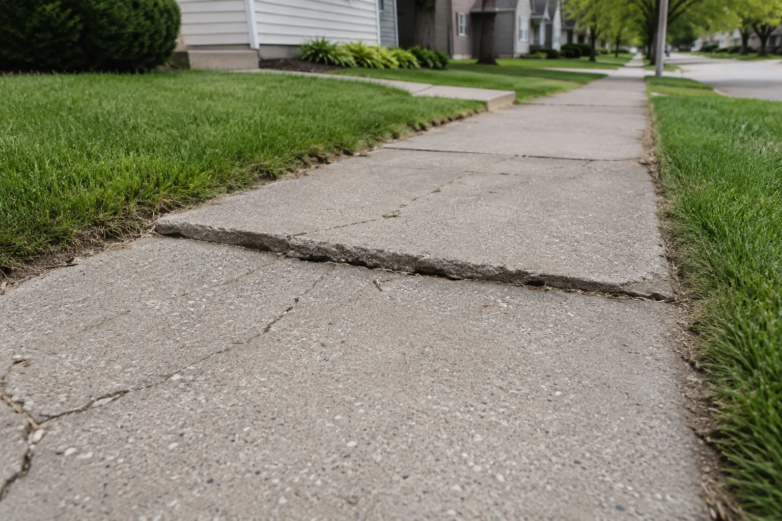 Cracked and uneven concrete sidewalk beside a residential yard
