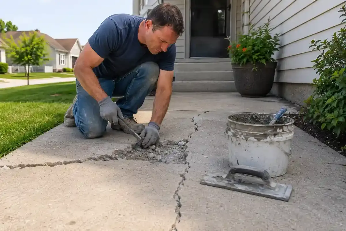 Worker repairing a cracked concrete walkway beside a home