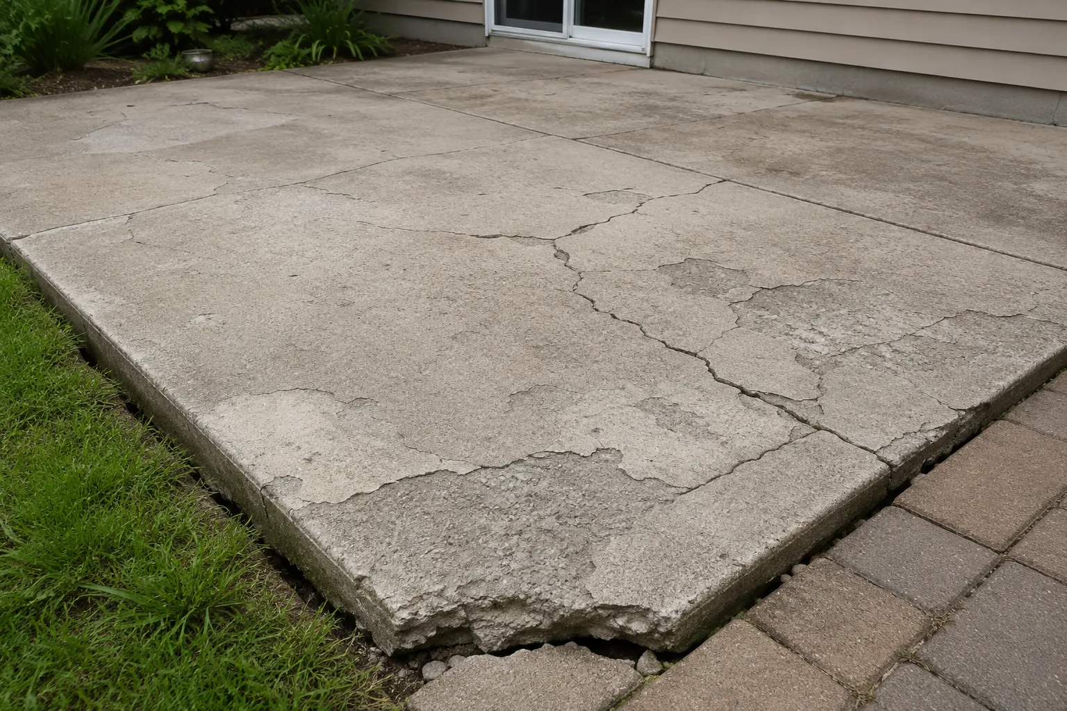 Worn patio surface with cracks and flaking concrete