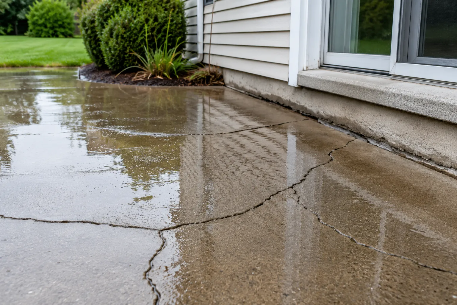 Water pooling beside cracks on a concrete patio