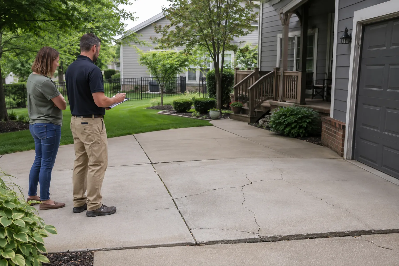 Two people inspecting cracks in a concrete slab