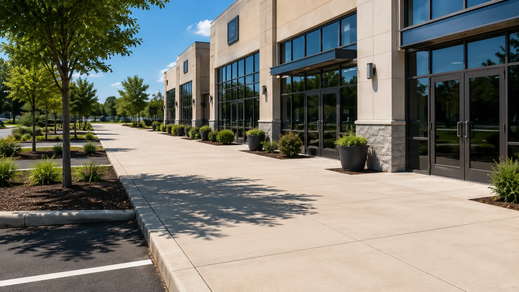 Commercial building entrance walkway and surrounding concrete surface.