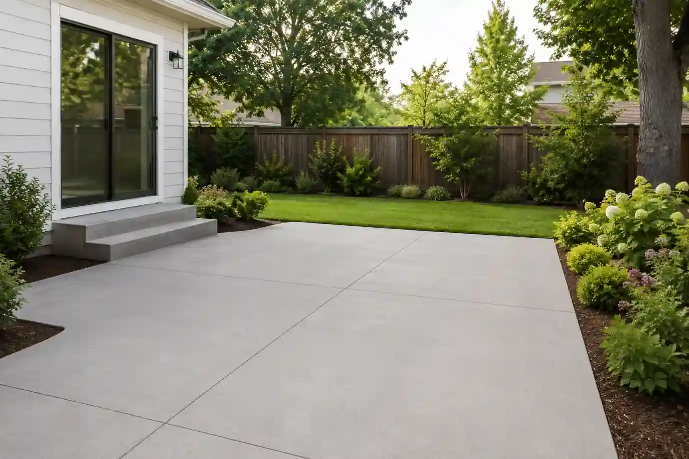 Concrete patio slab with a control joint beside a landscaped backyard