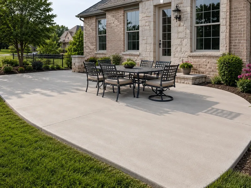 Concrete patio with outdoor seating beside a home