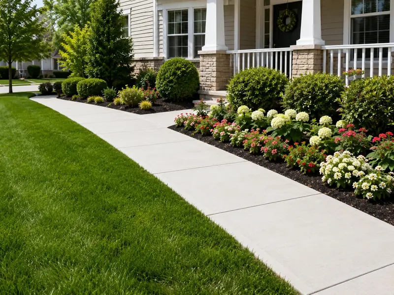 Concrete sidewalk beside a landscaped home entrance
